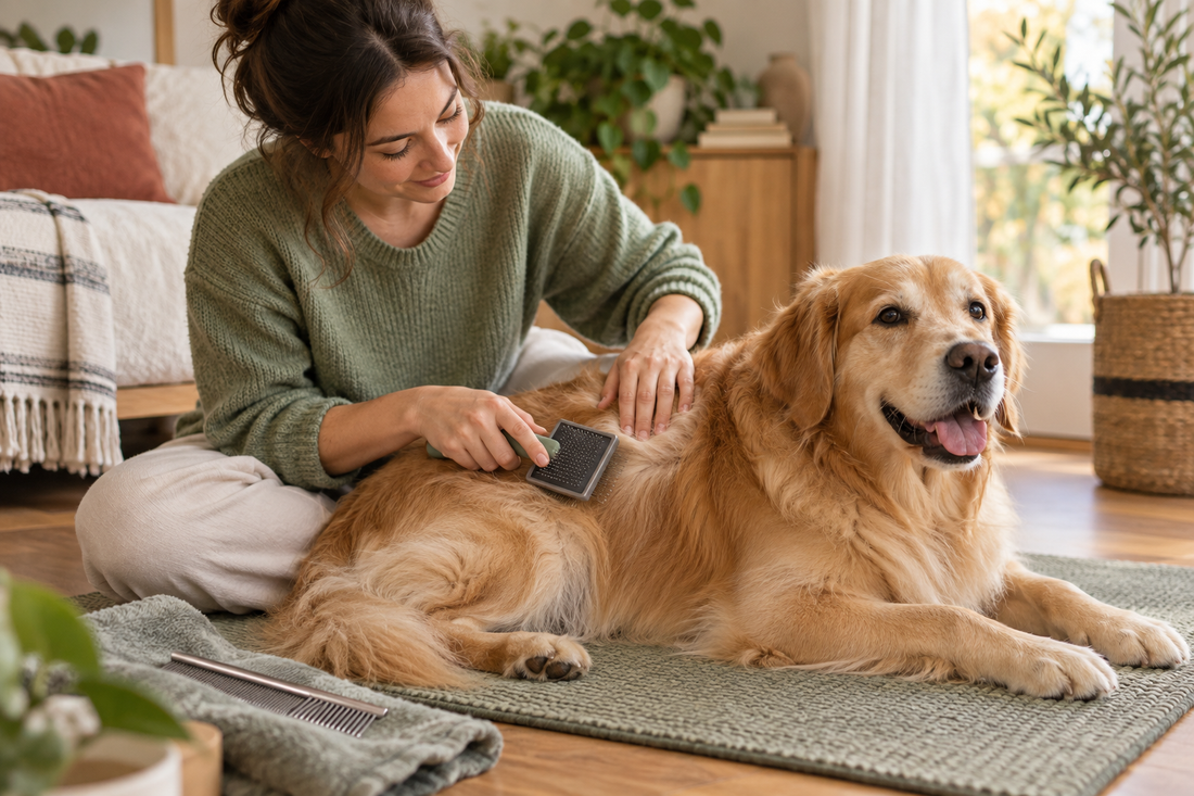 Pet parent brushing a dog’s coat in small sections while checking the skin.