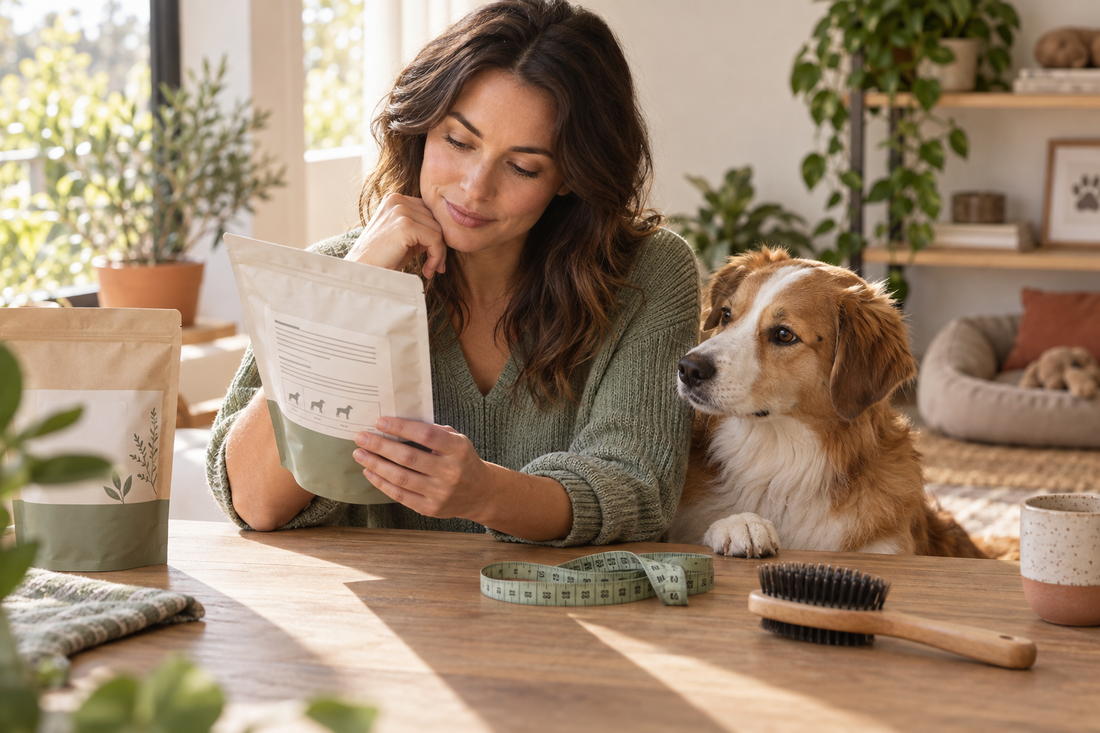 Pet parent reading the label and sizing information on a pet-care product before buying.