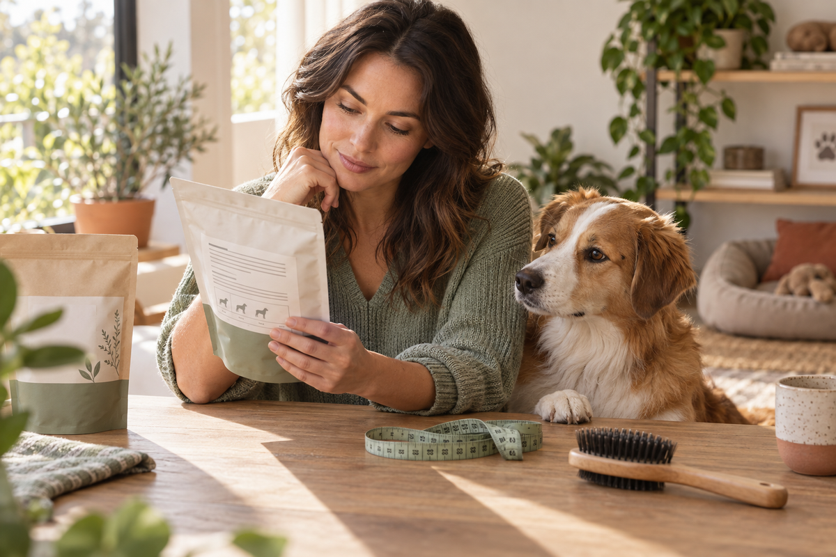 Pet parent reading the label and sizing information on a pet-care product before buying.