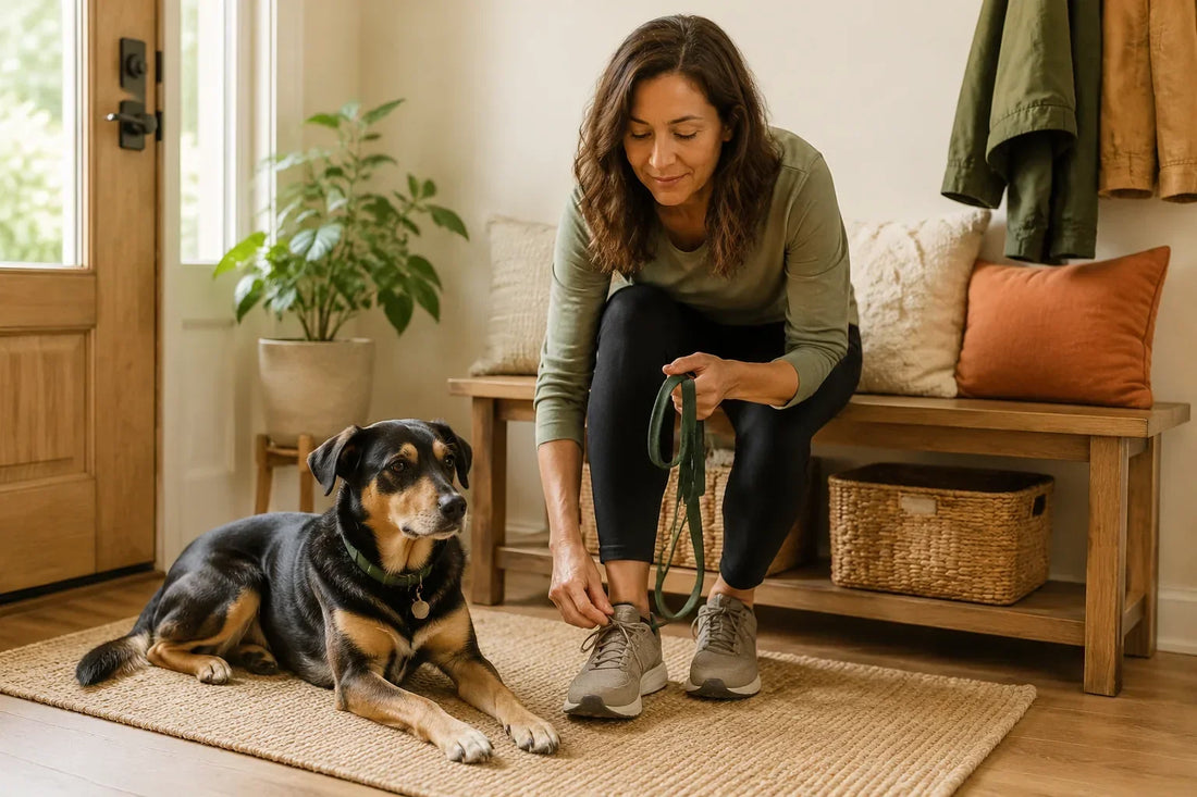 Pet parent tying her walking shoes while her black-and-tan mixed-breed dog rests beside a green leash in a calm entryway.
