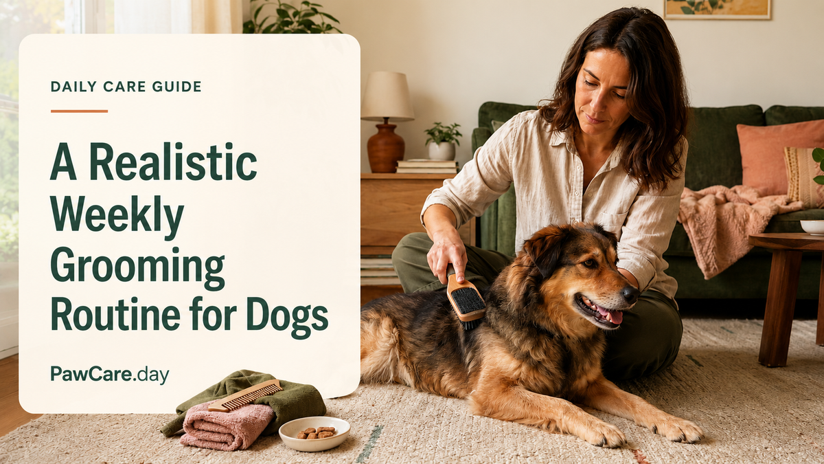 Pet parent gently brushing a relaxed dog at home beside a small grooming kit.