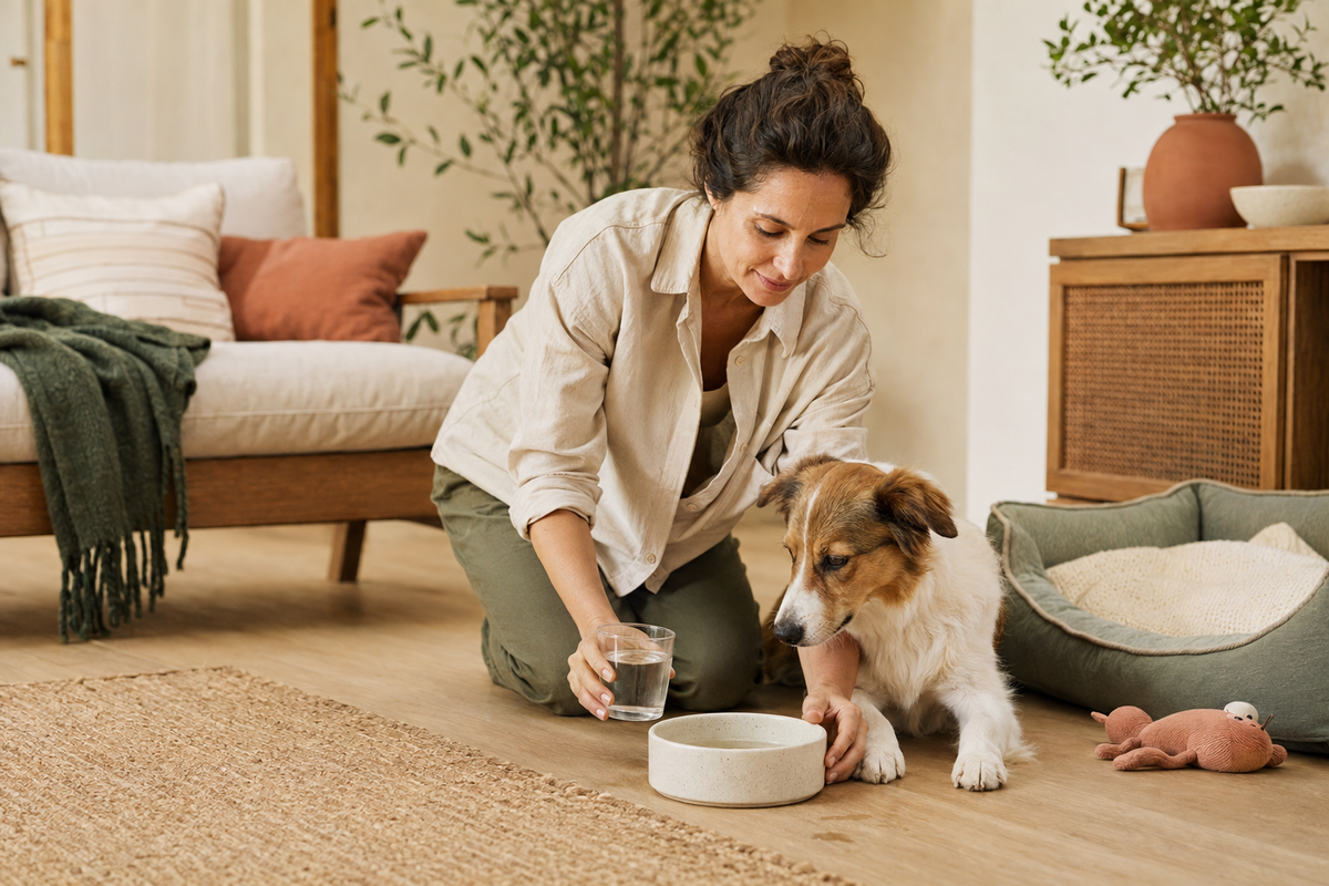 Pet mom and pet using practical accessories in an everyday routine