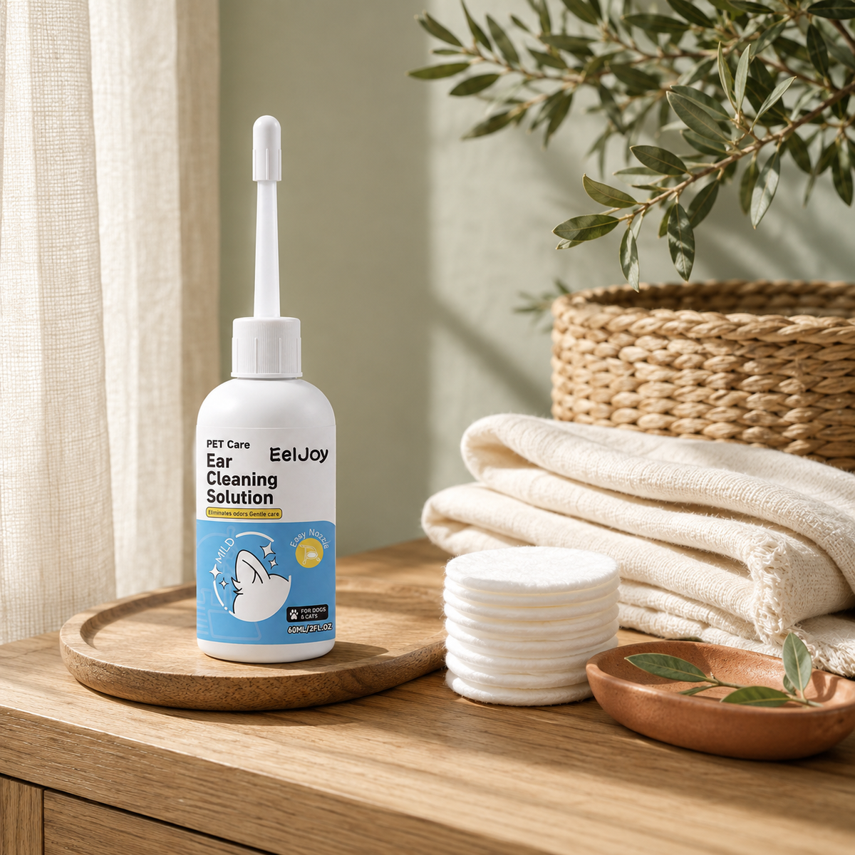Pet ear cleaning solution beside cotton pads and folded towels for an at-home ear-care routine