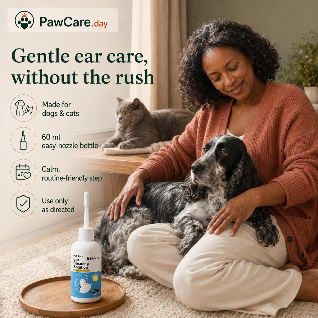 Pet parent relaxing at home with a black-and-white spaniel, gray cat and pet ear cleaning solution