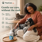 Pet parent relaxing at home with a black-and-white spaniel, gray cat and pet ear cleaning solution
