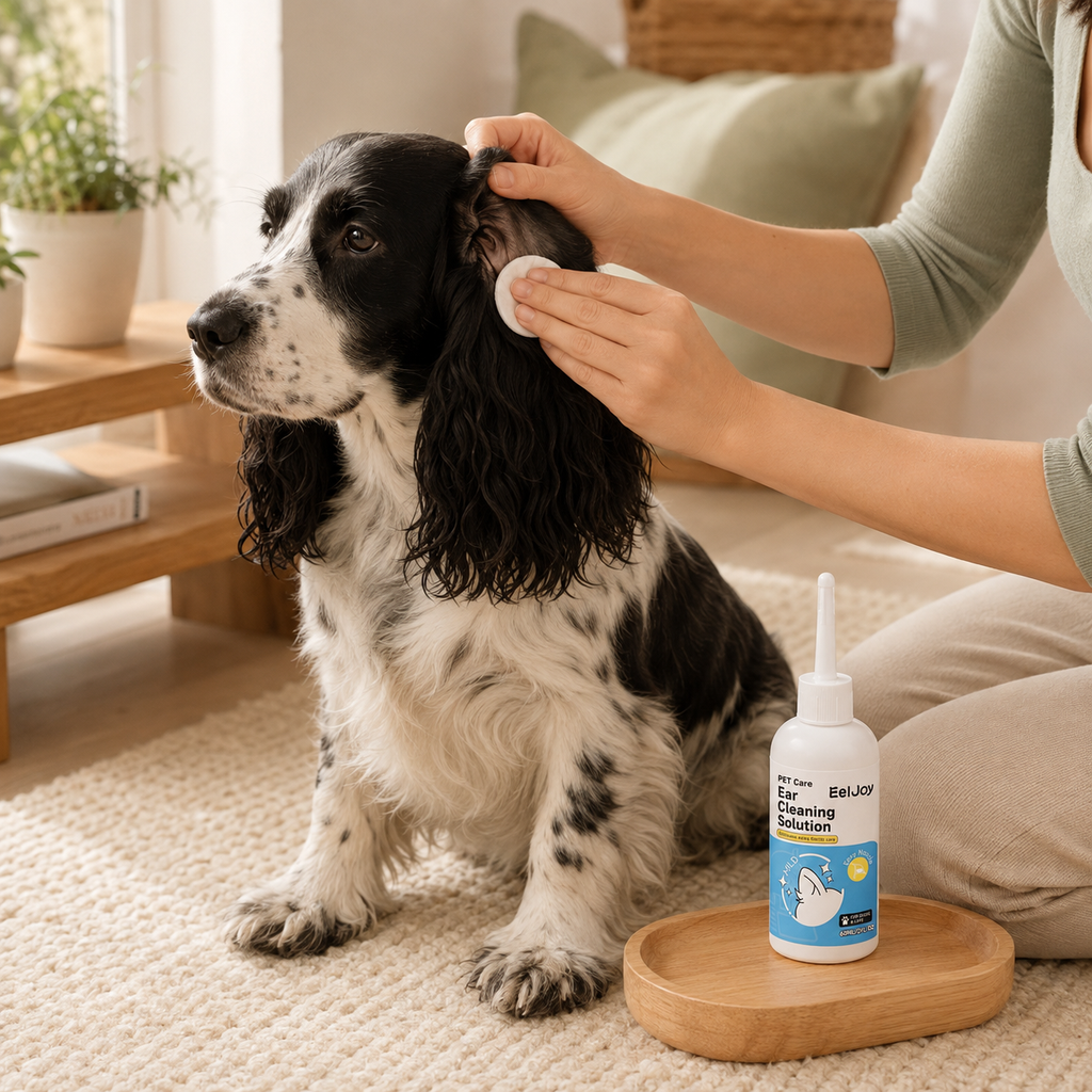 Pet parent wiping a black-and-white spaniel’s outer ear with a cotton pad beside the ear cleaning solution