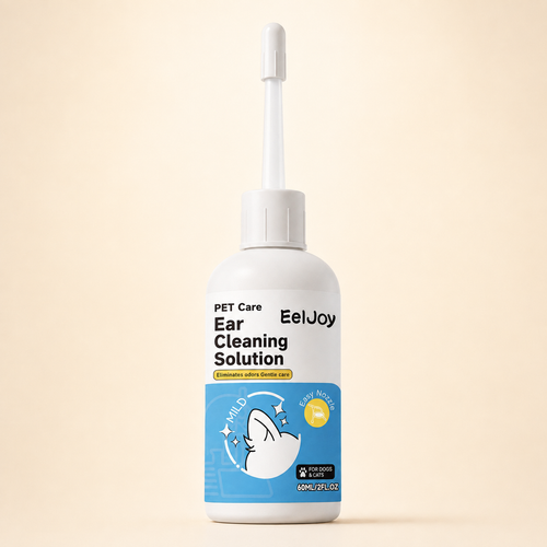 Close-up of pet ear cleaning solution bottle with easy-nozzle applicator