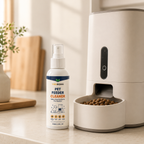 Pet feeder cleaner spray beside an automatic feeder with dry food in the bowl