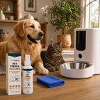 Golden retriever and tabby cat relaxing beside an automatic feeder and pet feeder cleaner spray
