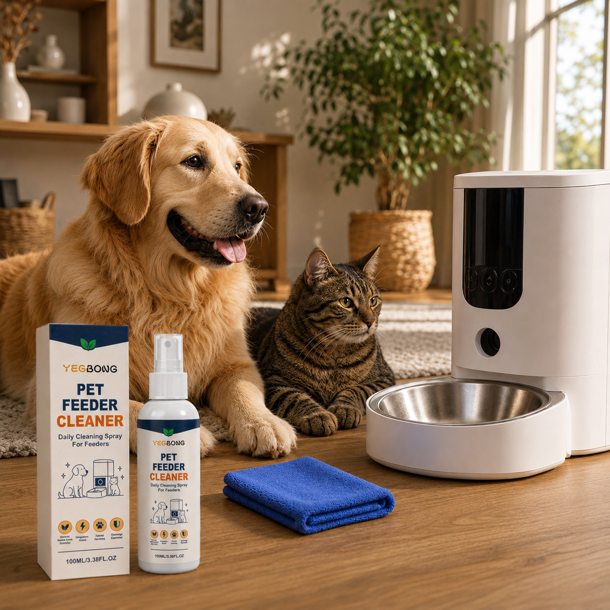 Golden retriever and tabby cat relaxing beside an automatic feeder and pet feeder cleaner spray