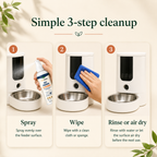 Three-step pet feeder cleaning routine showing spray, wipe, then rinse or air dry