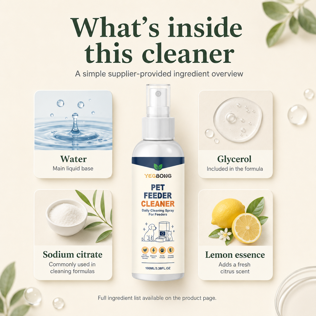 Ingredient overview for pet feeder cleaner spray highlighting water, glycerol, sodium citrate, and lemon essence