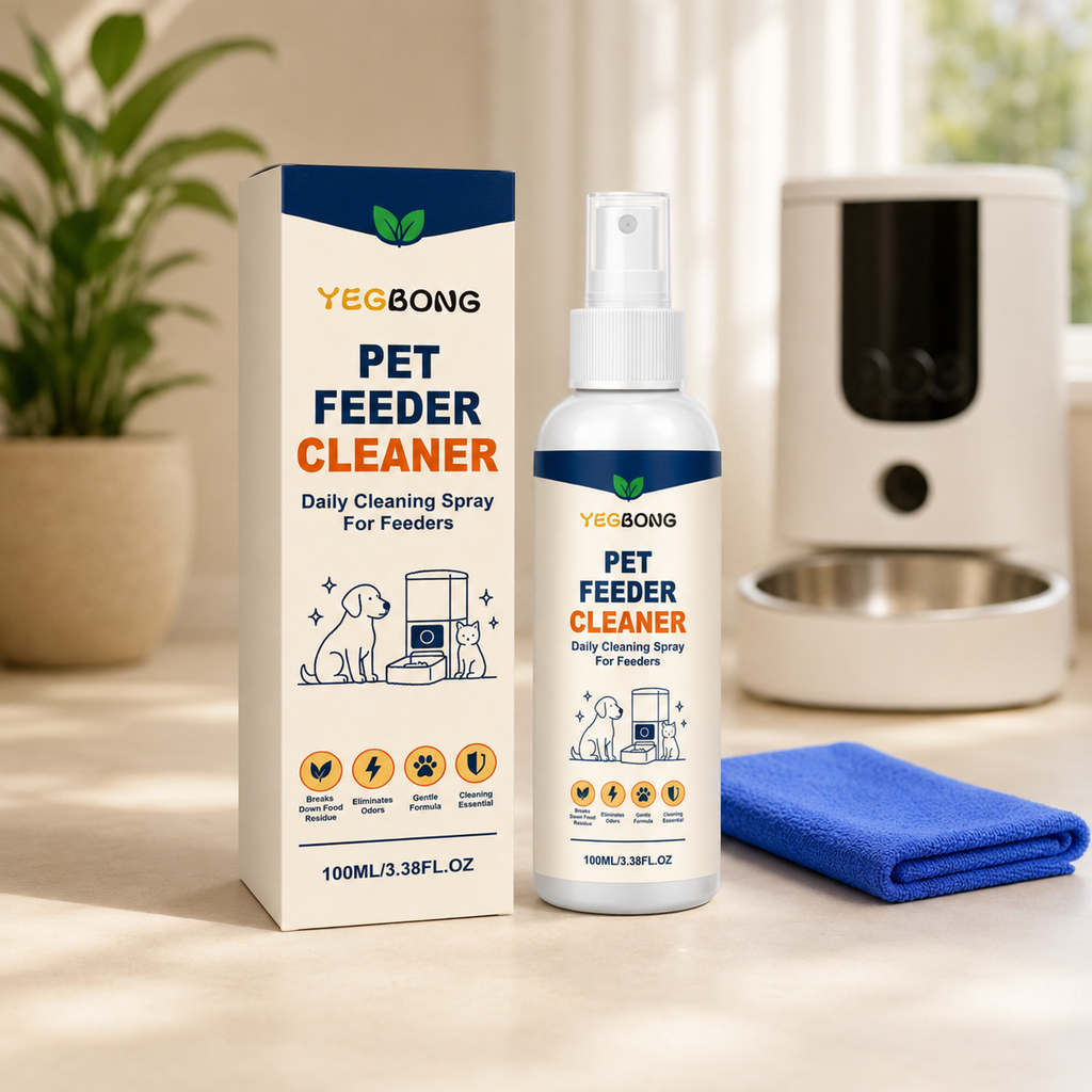 Pet feeder cleaner spray with packaging beside an automatic pet feeder and cleaning cloth