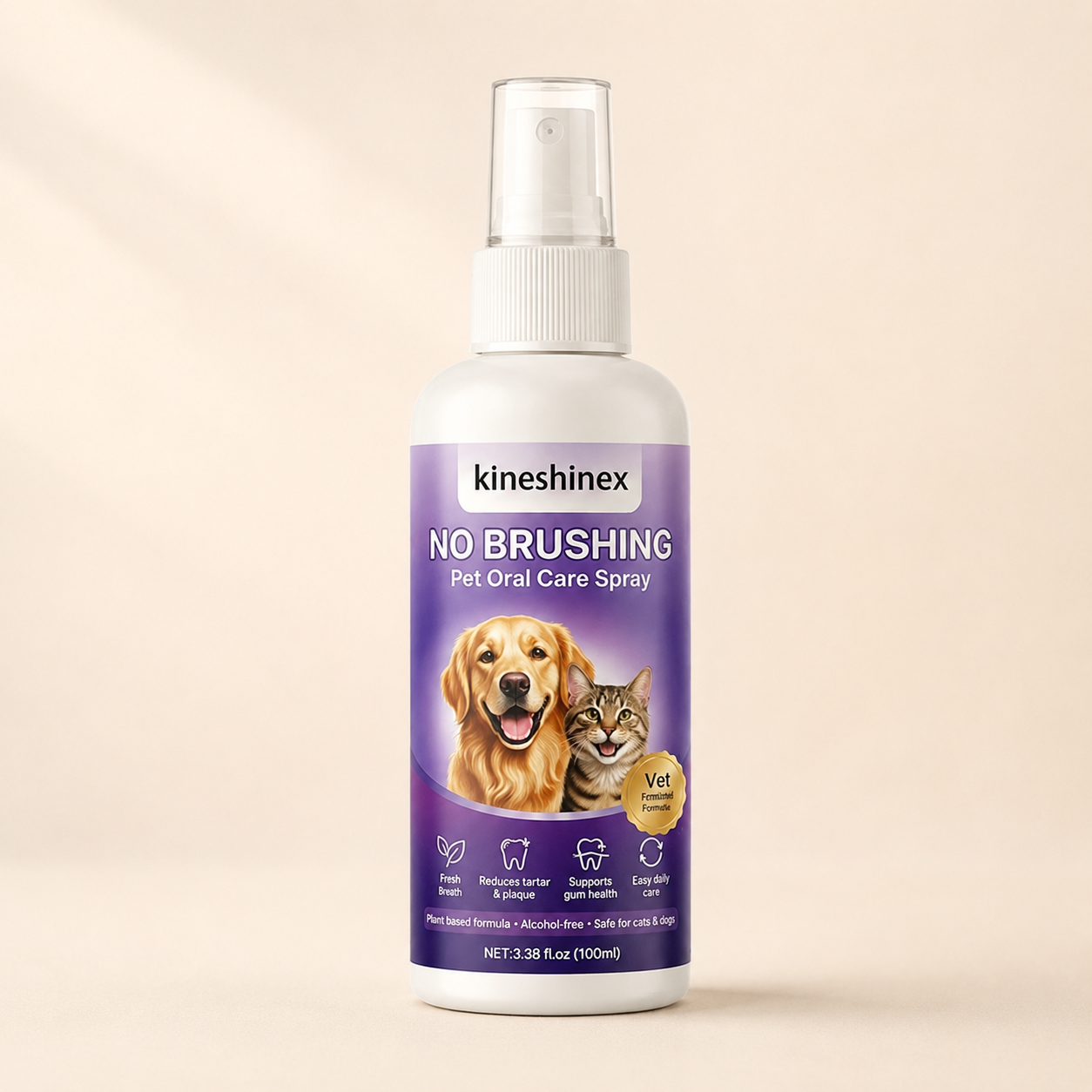 100 ml pet oral care spray bottle on a warm ivory background