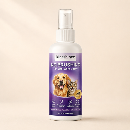 100 ml pet oral care spray bottle on a warm ivory background
