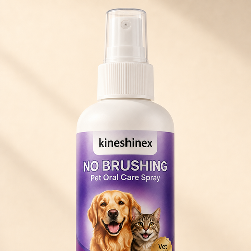 Close-up of the pet oral care spray bottle, label and pump applicator