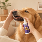 Pet parent holding a dog’s lip while positioning oral care spray toward the dog’s teeth