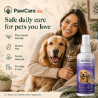 Pet parent relaxing at home with a golden retriever and cat beside the pet oral care spray