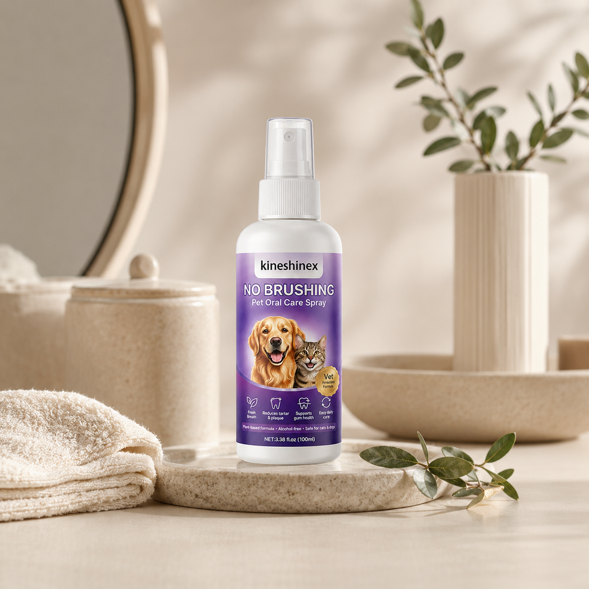Pet oral care spray arranged in a calm at-home care setting with towels and neutral accessories