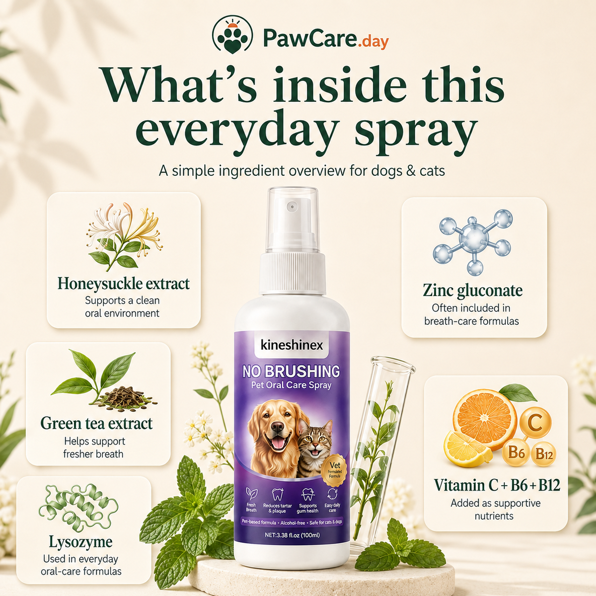 Ingredient overview for the pet oral care spray showing honeysuckle, green tea, lysozyme, zinc gluconate and added vitamins