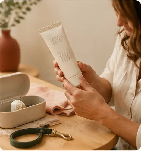 Pet parent reading the instructions on a pet-care product.