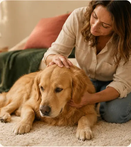 Pet parent calmly checking a golden retriever for discomfort.