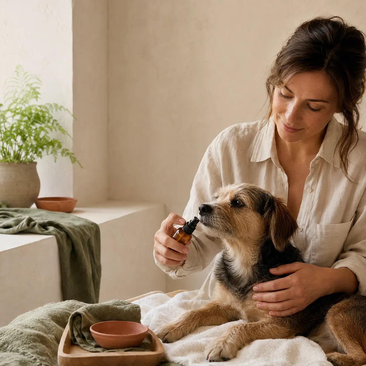 Pet parent introducing oral care to a calm dog.