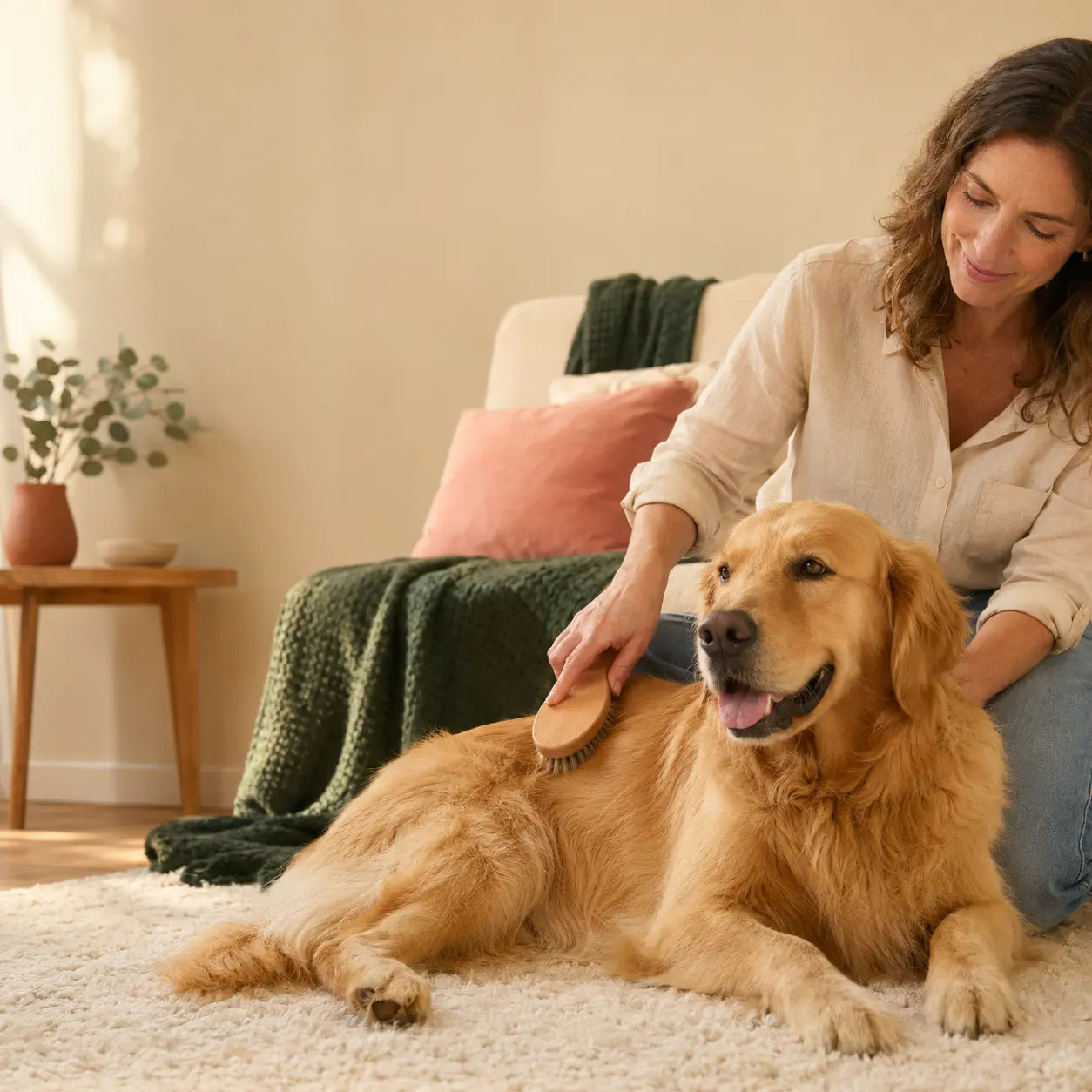 Pet parent brushing a golden retriever's coat at home.