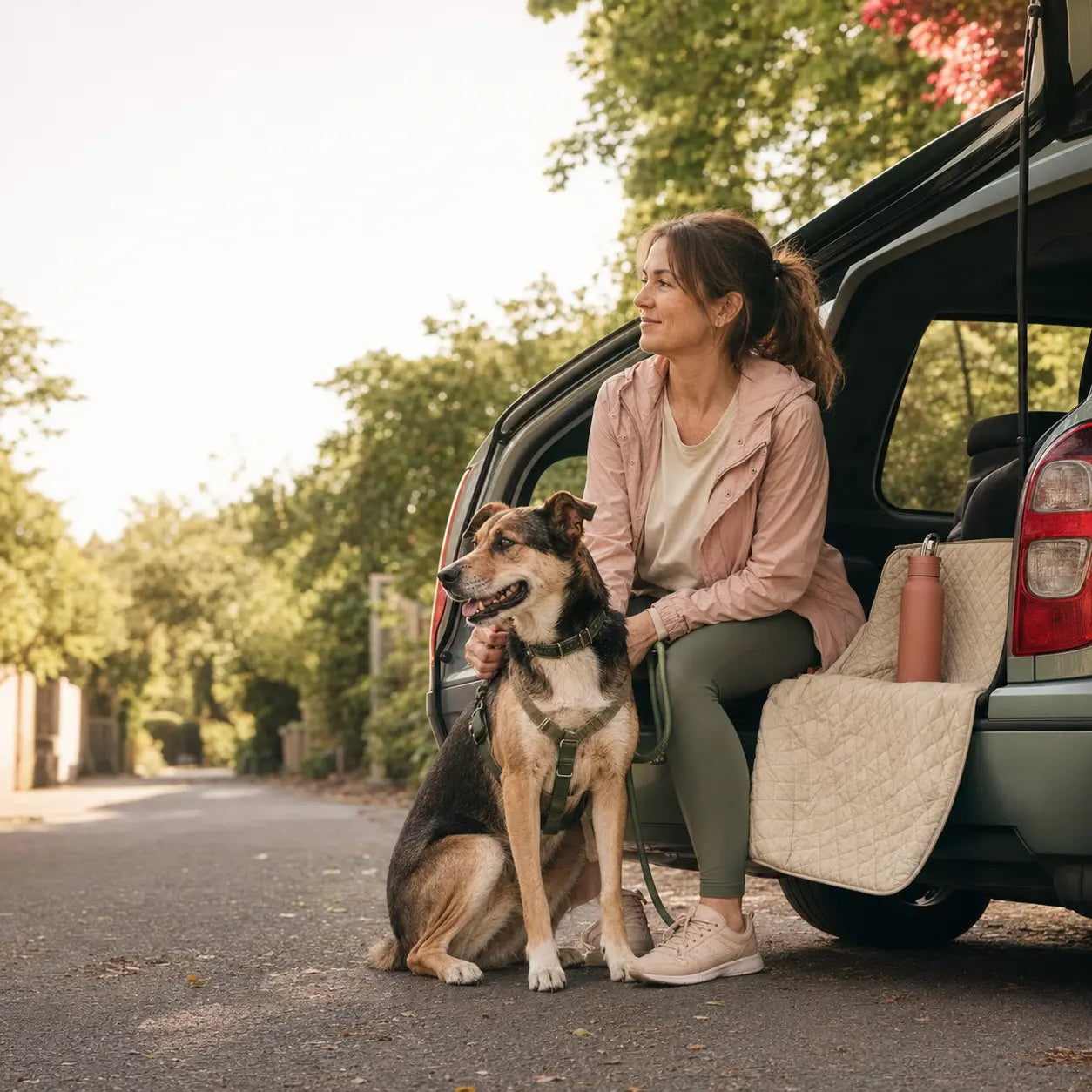 Pet parent preparing for a car trip with a dog.